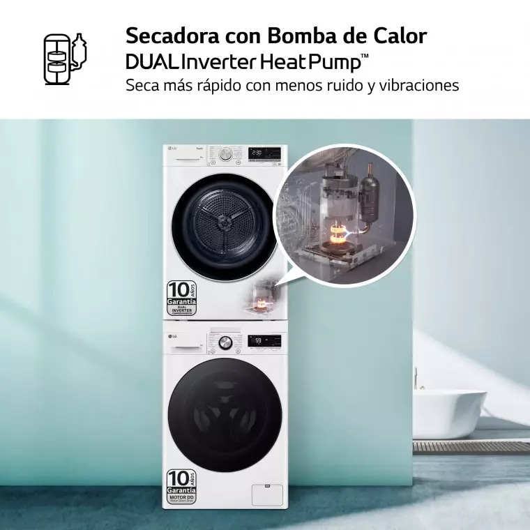 LG Outlet Torre de Lavado, Blanca, Lavadora inteligente 9kg, 1400rpm, 10% más eficiente que A + Secadora 9kg, A+++, TORRE0909PR.OUTLET